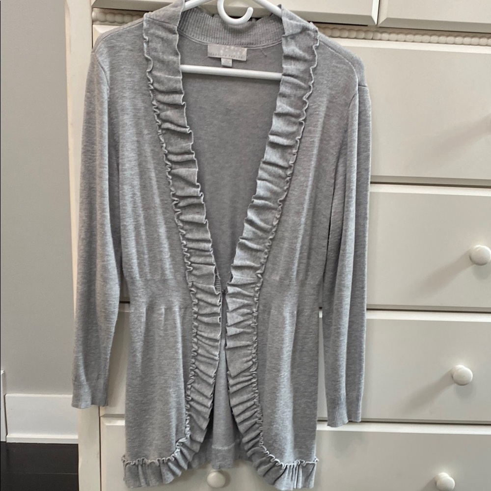 Carolyn Taylor Gray Ruffled Cardigan Sweater